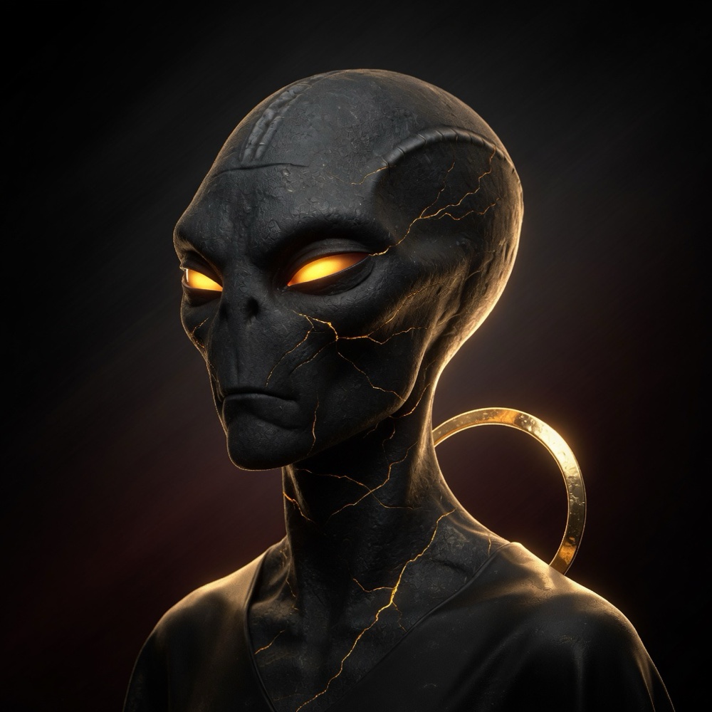 Phoros, an alien of dark basalt with molten gold seams and amber eyes, a gold ring behind one shoulder